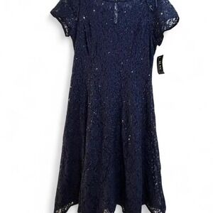 SLNY Fashions Navy Blue A-Line Silhouette Lace Sequin Midi Dress, Size 14 *NWT*